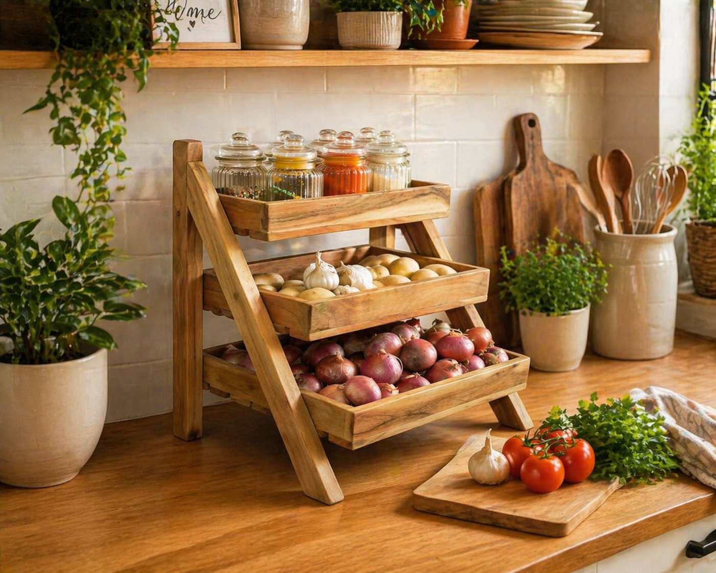 Vegetable Rack 3 Layer Solid Wood