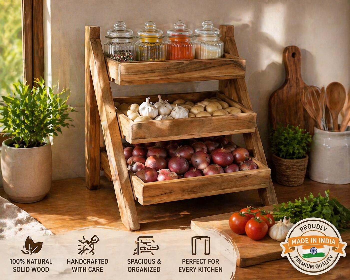 Vegetable Rack 3 Layer Solid Wood