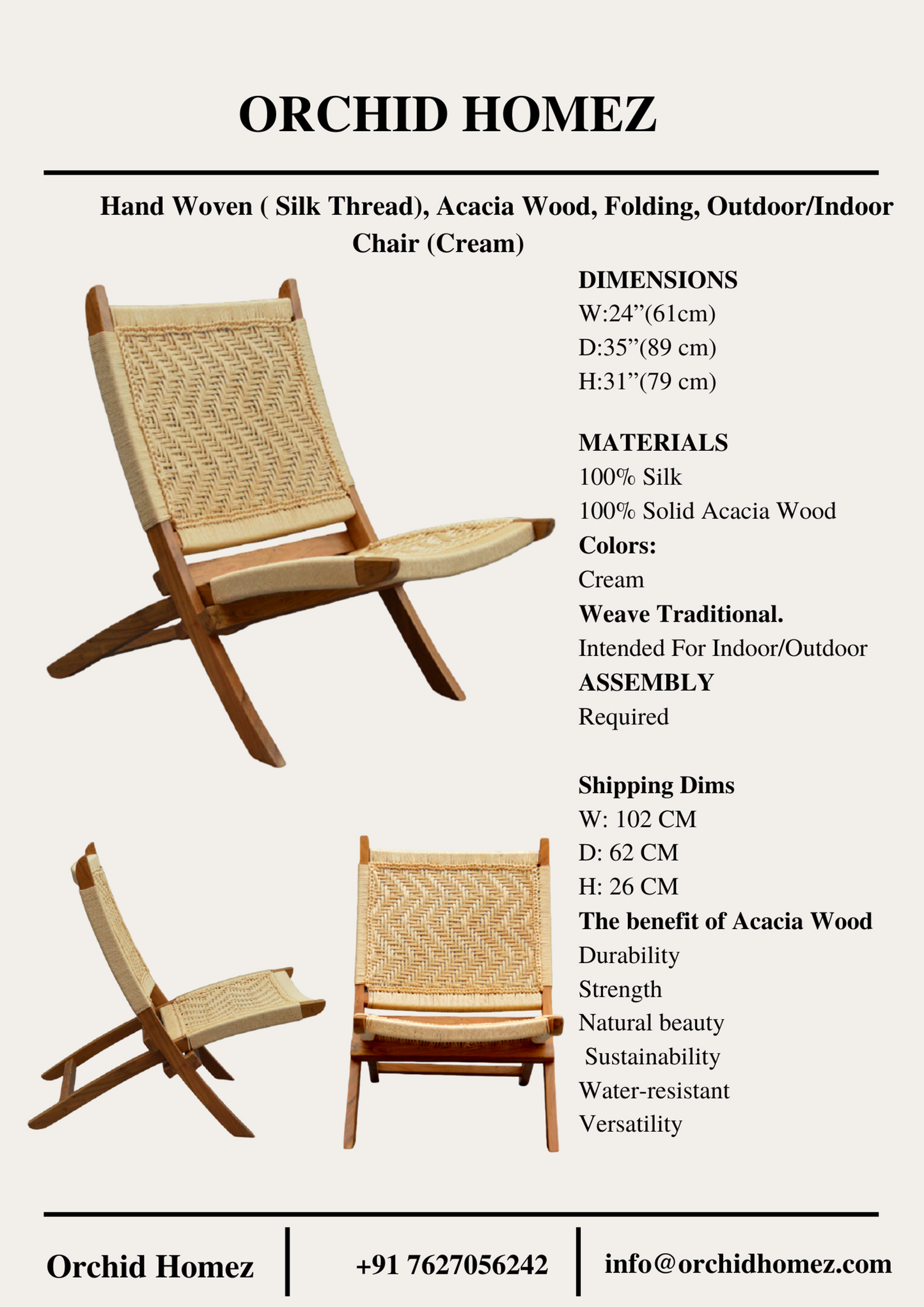 Orchid Homez Hand Woven Lounge Chair Folding Solid Wood Outdoor Chair